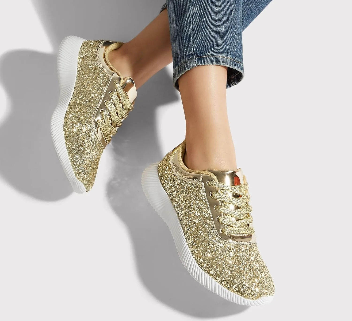 BELOS Women's Glitter Shoes Sparkly Lightweight Metallic Sequins Tennis Shoes Casual Retro Braided Walking Shoes