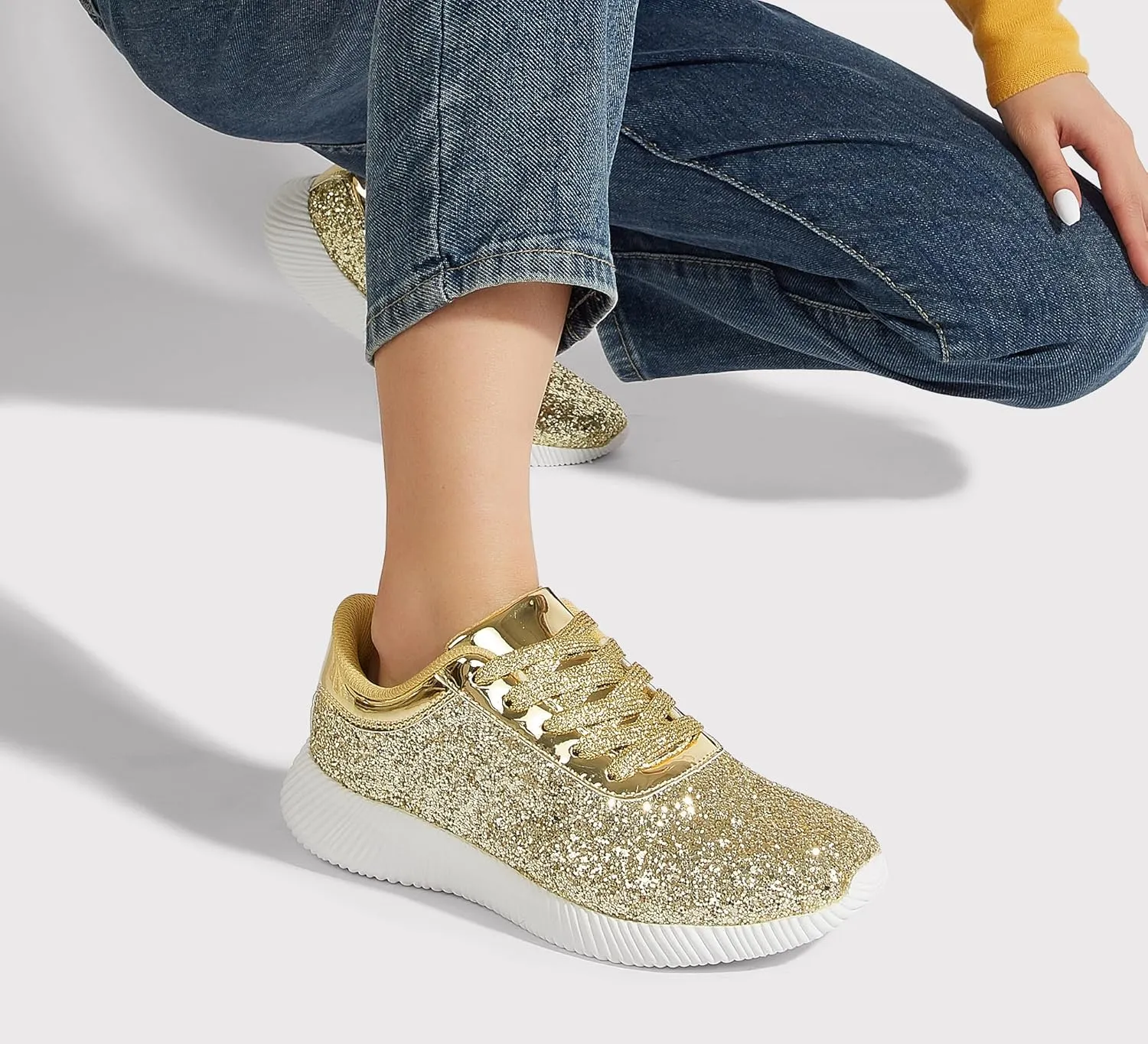 BELOS Women's Glitter Shoes Sparkly Lightweight Metallic Sequins Tennis Shoes Casual Retro Braided Walking Shoes