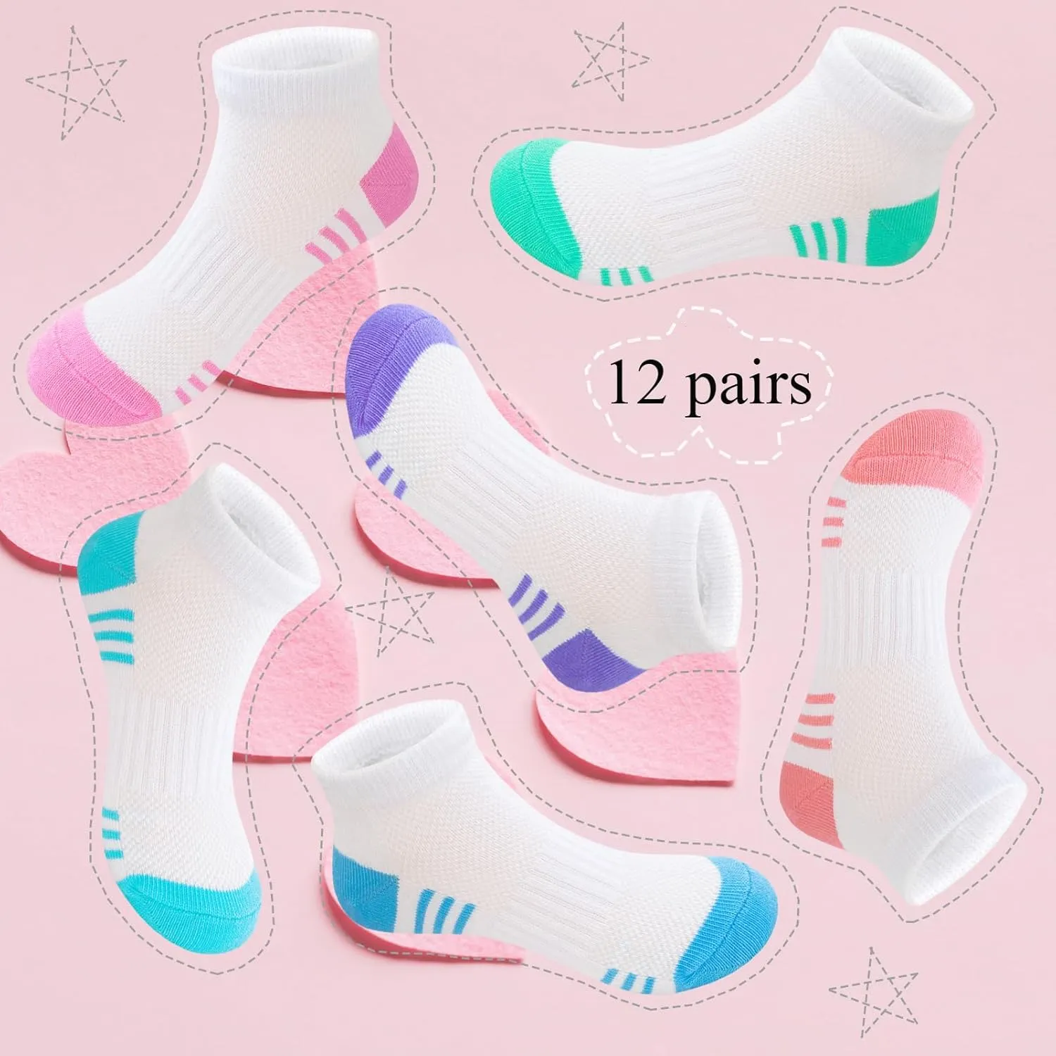 Bemeol Girls Socks 12 Pairs Kids Ankle Athletic Socks Cotton Sports Low Cut Socks