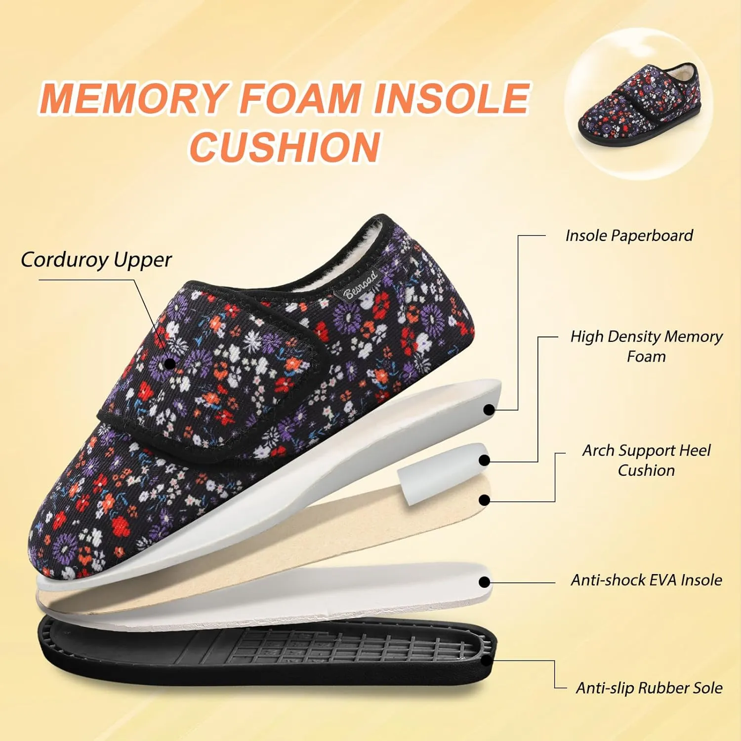 Besroad Womens Furry Memory Foam House Slippers Wide Diabetic Shoes Adjustable Bedroom Slippers Arthritis Edema Swollen House Shoes Indoor Outdoor