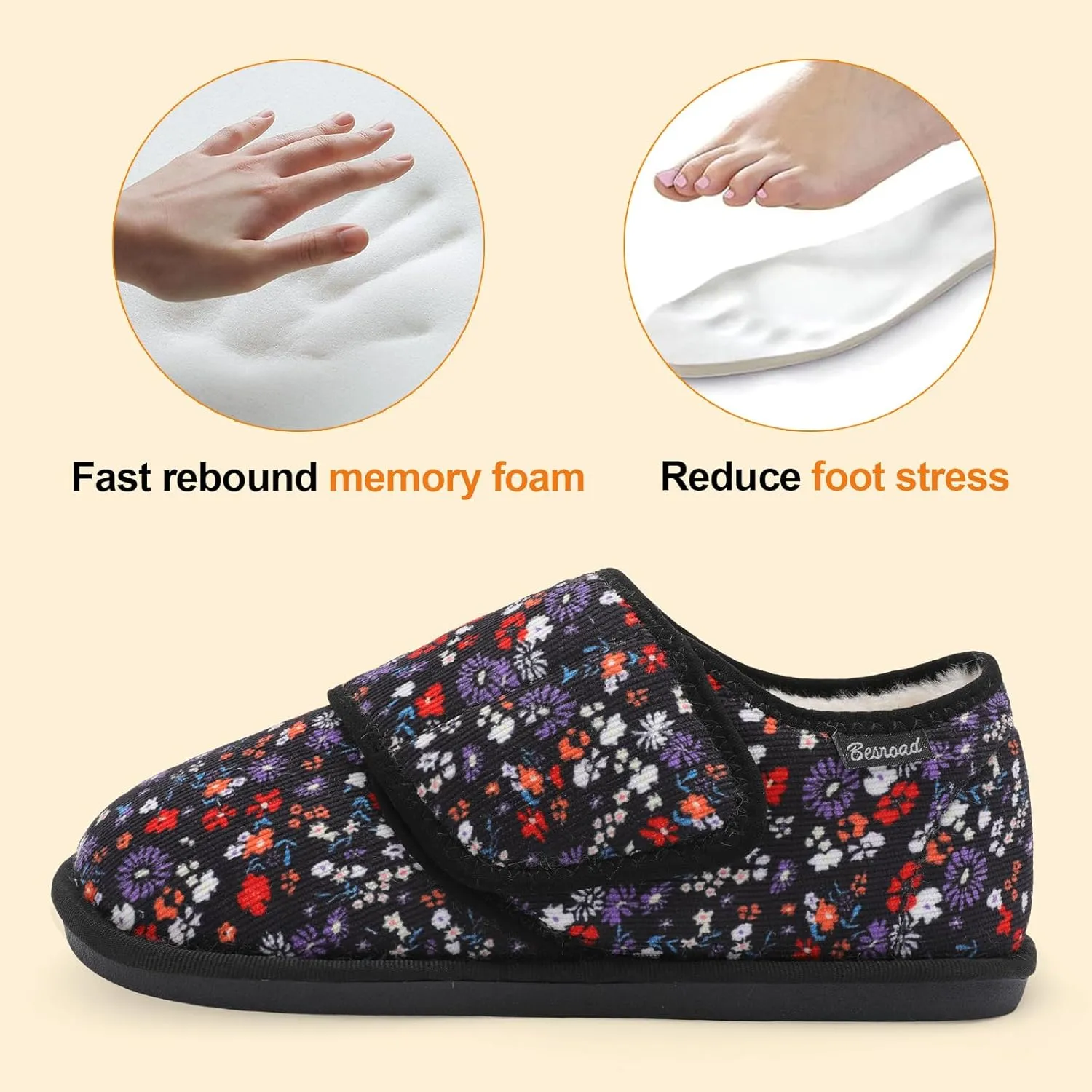 Besroad Womens Furry Memory Foam House Slippers Wide Diabetic Shoes Adjustable Bedroom Slippers Arthritis Edema Swollen House Shoes Indoor Outdoor