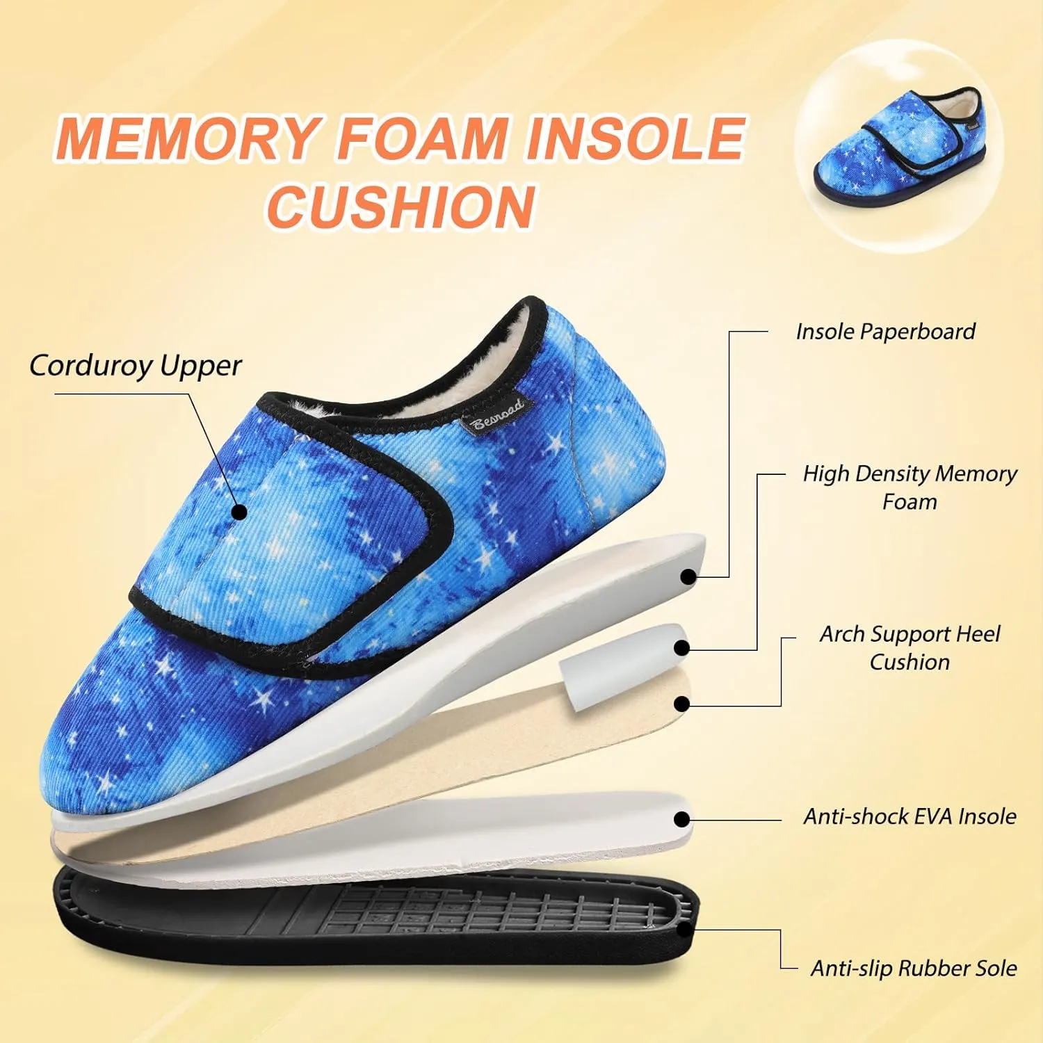 Besroad Womens Furry Memory Foam House Slippers Wide Diabetic Shoes Adjustable Bedroom Slippers Arthritis Edema Swollen House Shoes Indoor Outdoor