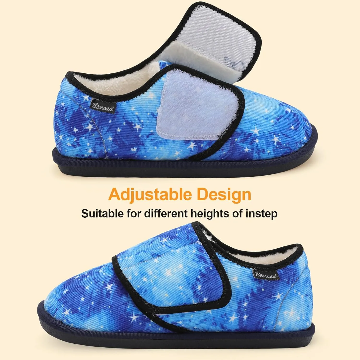 Besroad Womens Furry Memory Foam House Slippers Wide Diabetic Shoes Adjustable Bedroom Slippers Arthritis Edema Swollen House Shoes Indoor Outdoor