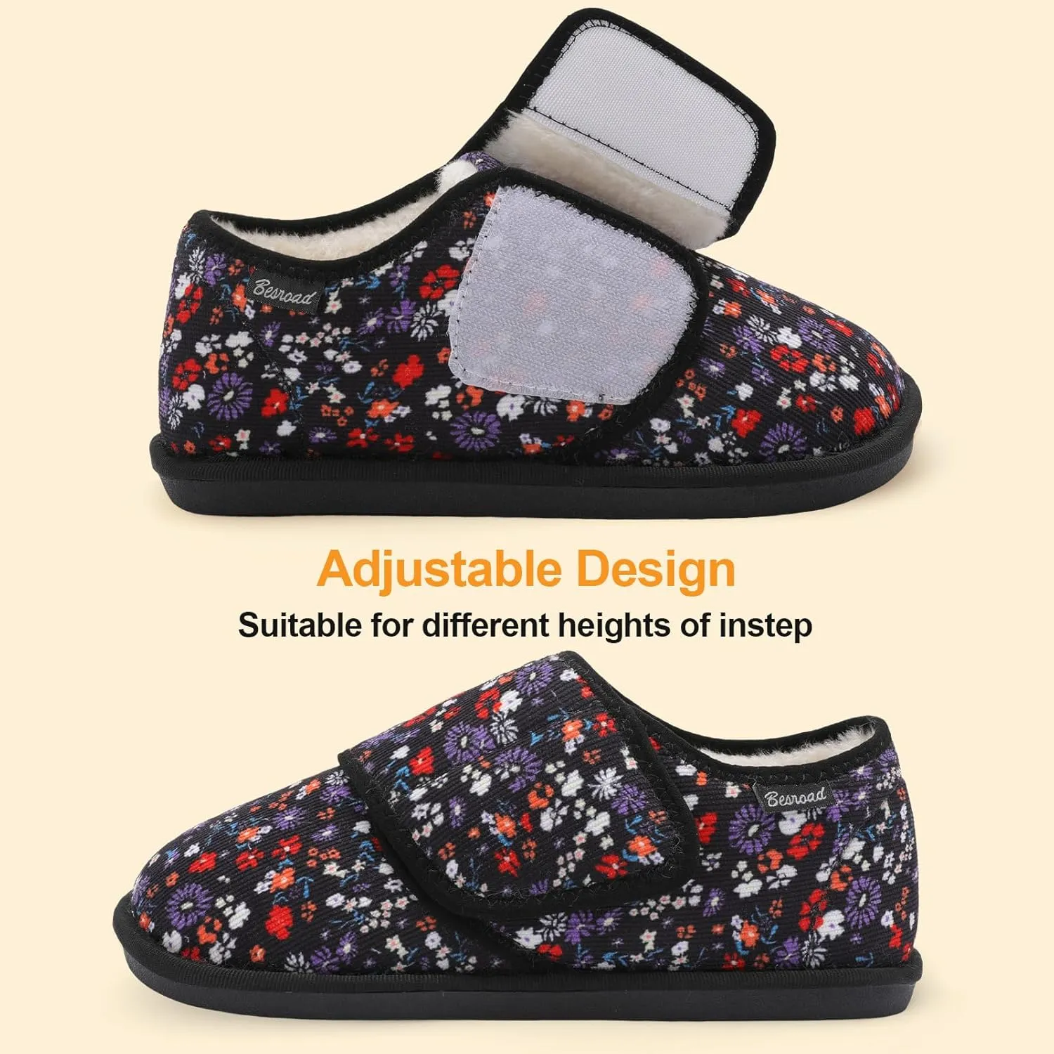 Besroad Womens Furry Memory Foam House Slippers Wide Diabetic Shoes Adjustable Bedroom Slippers Arthritis Edema Swollen House Shoes Indoor Outdoor