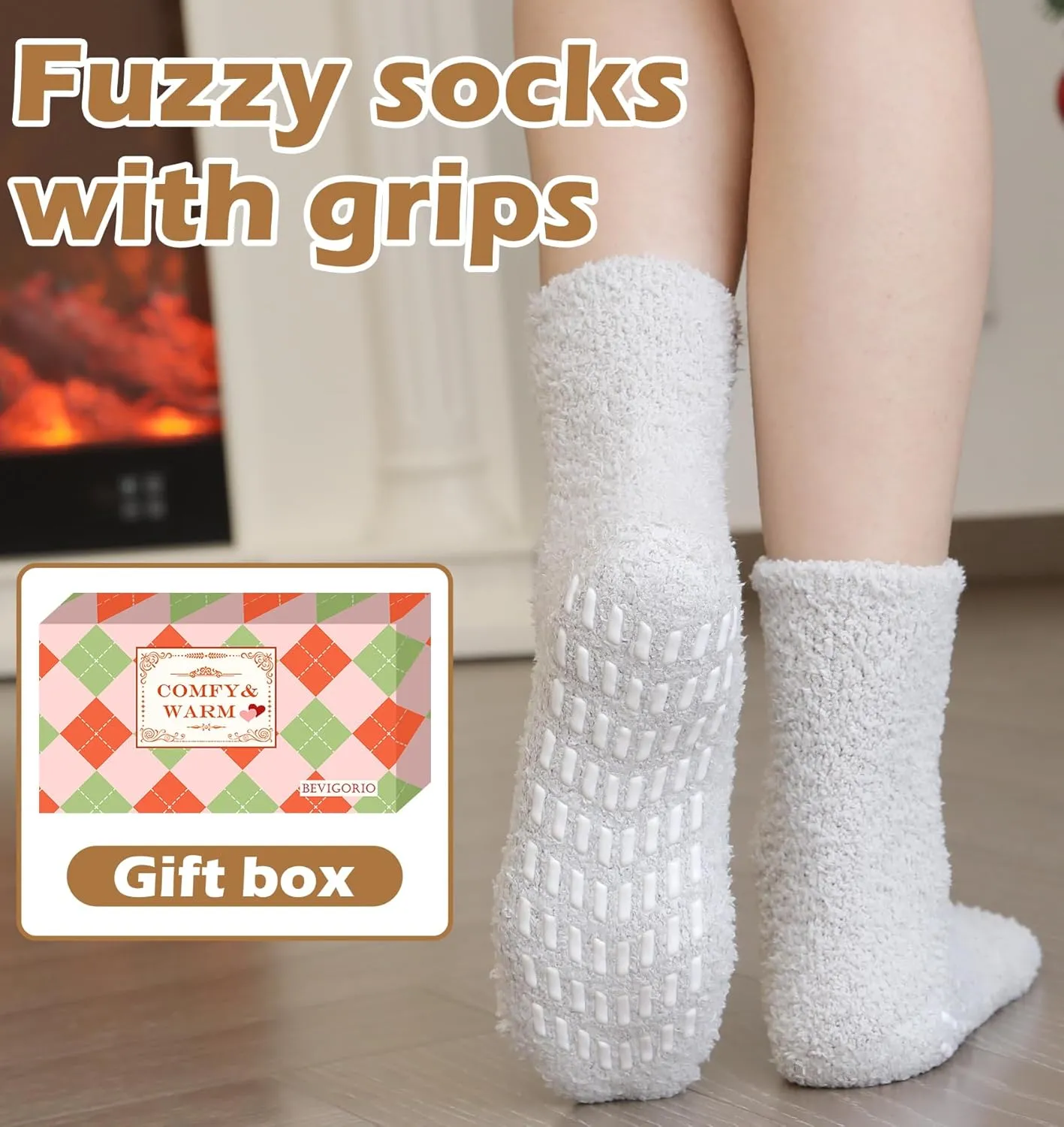 Bevigorio Non Slip Slipper Socks for Women Hospital Fuzzy Socks with Grips Cozy Grippy Winter Warm Gifts