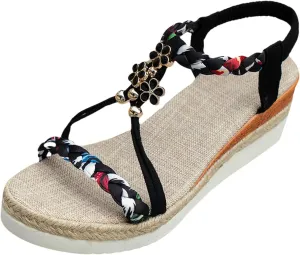 Bohemian Wedge Sandals for Women Fashion Elastic Strap Sandals Linen Plaited Platform Sandals Beach Sandals