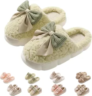 Bow Slippers for Women, Cute Cartoon Fluffy Warm Slippers with Bow, Winter Cozy House Slippers Plush Indoor Outdoor Shoes