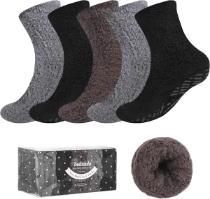 Bulinlulu Fuzzy Socks With Grips for Women 5-Pairs Non Slip Sleep Warm Fluffy Slipper Socks with Grippers for women
