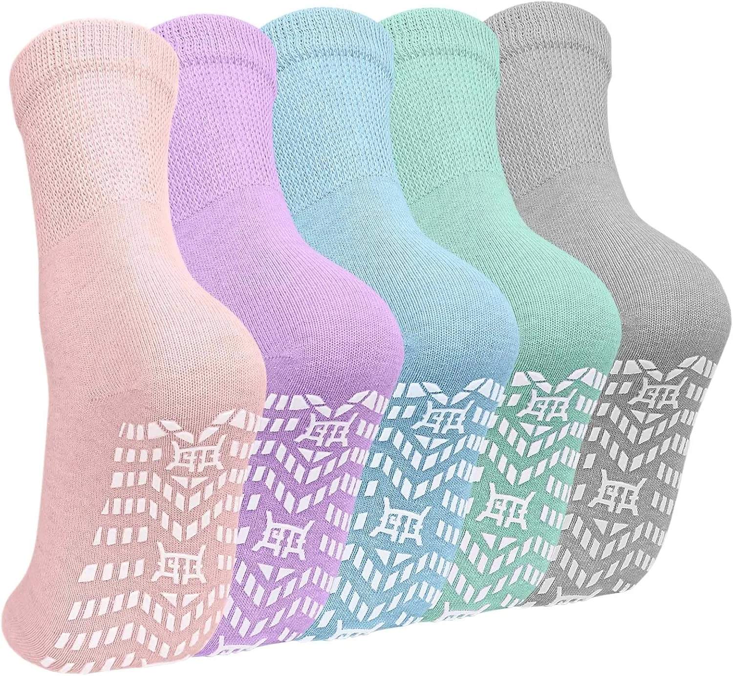 CaiDieNu Non Slip Socks for Women: Non Skid Crew Grip Socks with Grippers for Elderly Hospital Pilates Yoga Grippy 5 Pairs