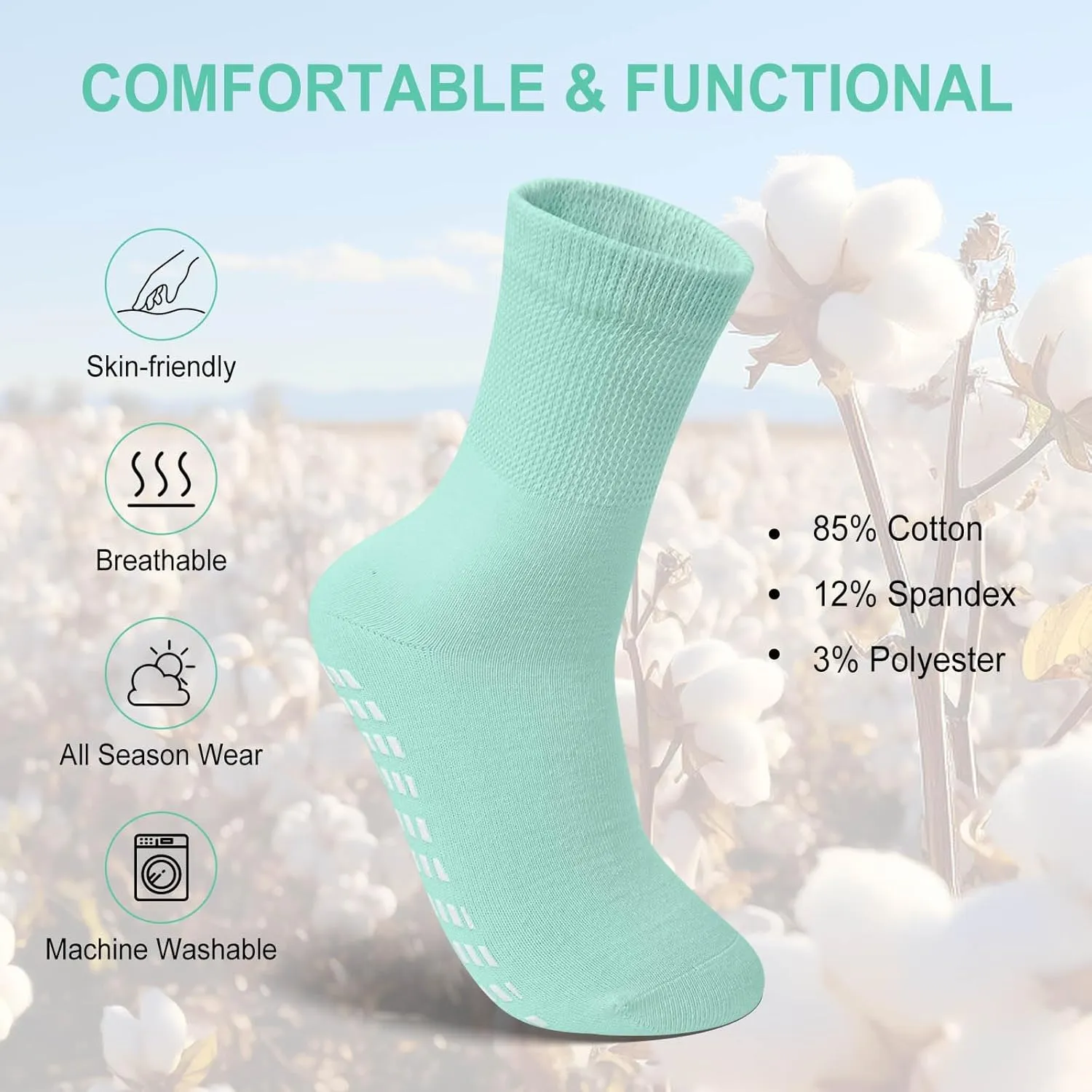 CaiDieNu Non Slip Socks for Women: Non Skid Crew Grip Socks with Grippers for Elderly Hospital Pilates Yoga Grippy 5 Pairs