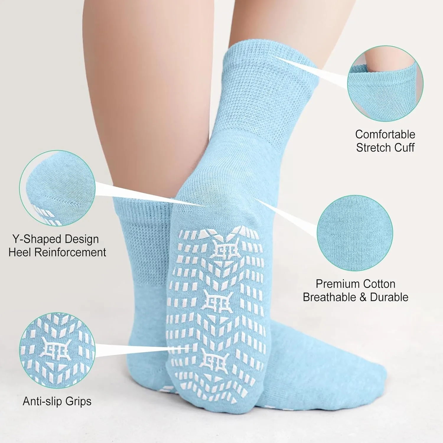 CaiDieNu Non Slip Socks for Women: Non Skid Crew Grip Socks with Grippers for Elderly Hospital Pilates Yoga Grippy 5 Pairs