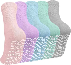 CaiDieNu Non Slip Socks for Women: Non Skid Crew Grip Socks with Grippers for Elderly Hospital Pilates Yoga Grippy 5 Pairs