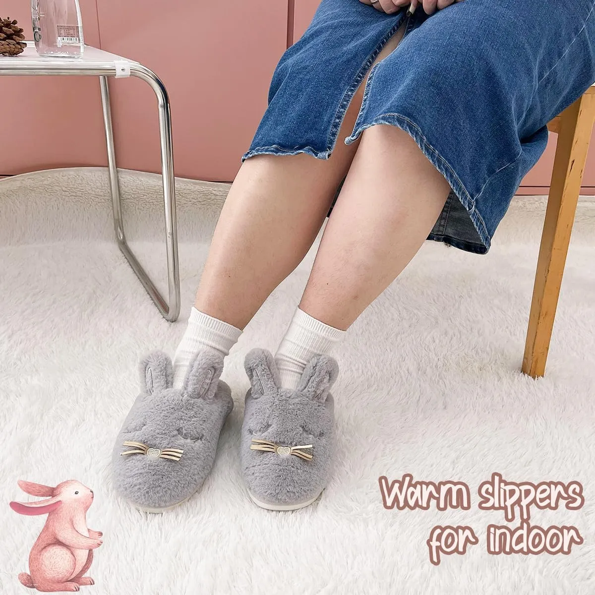 Caramella Bubble Bunny Slippers for Women Fuzzy Cute Animal Memory Foam House Rabbit Slippers Indoor Outdoor