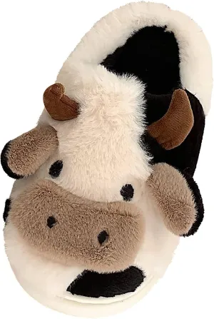 Cartoon Animal Warm Fleece Womens House Slippers Ladies Girls Cute Fluffy Cow Horns Non-Slip Slip-on Bedroom Slippers Winter Fuzzy Plush Memory Foam Cozy Home Indoor Outdoor Slippers Shoes