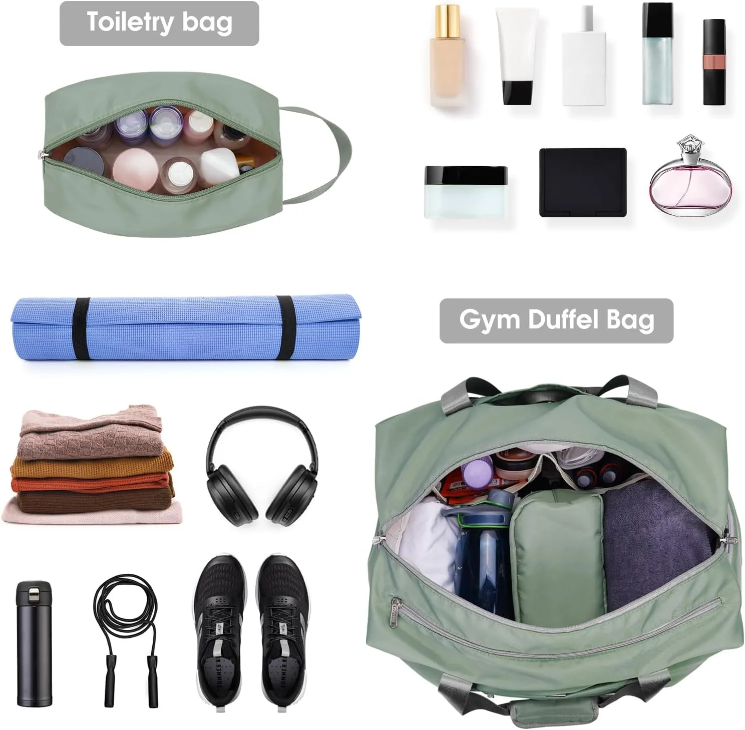 Ceneda 20" Gym Duffel Bag with Wet Pocket Shoes Compartment Portable Overnight Weekender Bag Travel bag Yoga Bag for Women (Celadon)