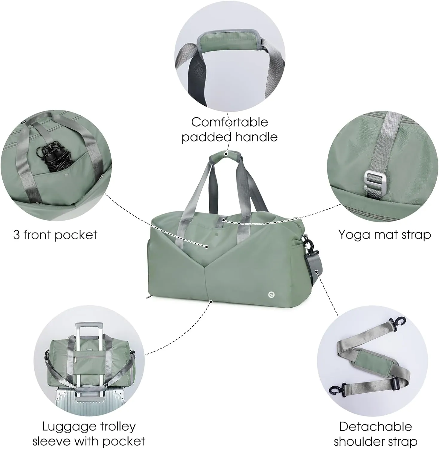Ceneda 20" Gym Duffel Bag with Wet Pocket Shoes Compartment Portable Overnight Weekender Bag Travel bag Yoga Bag for Women (Celadon)