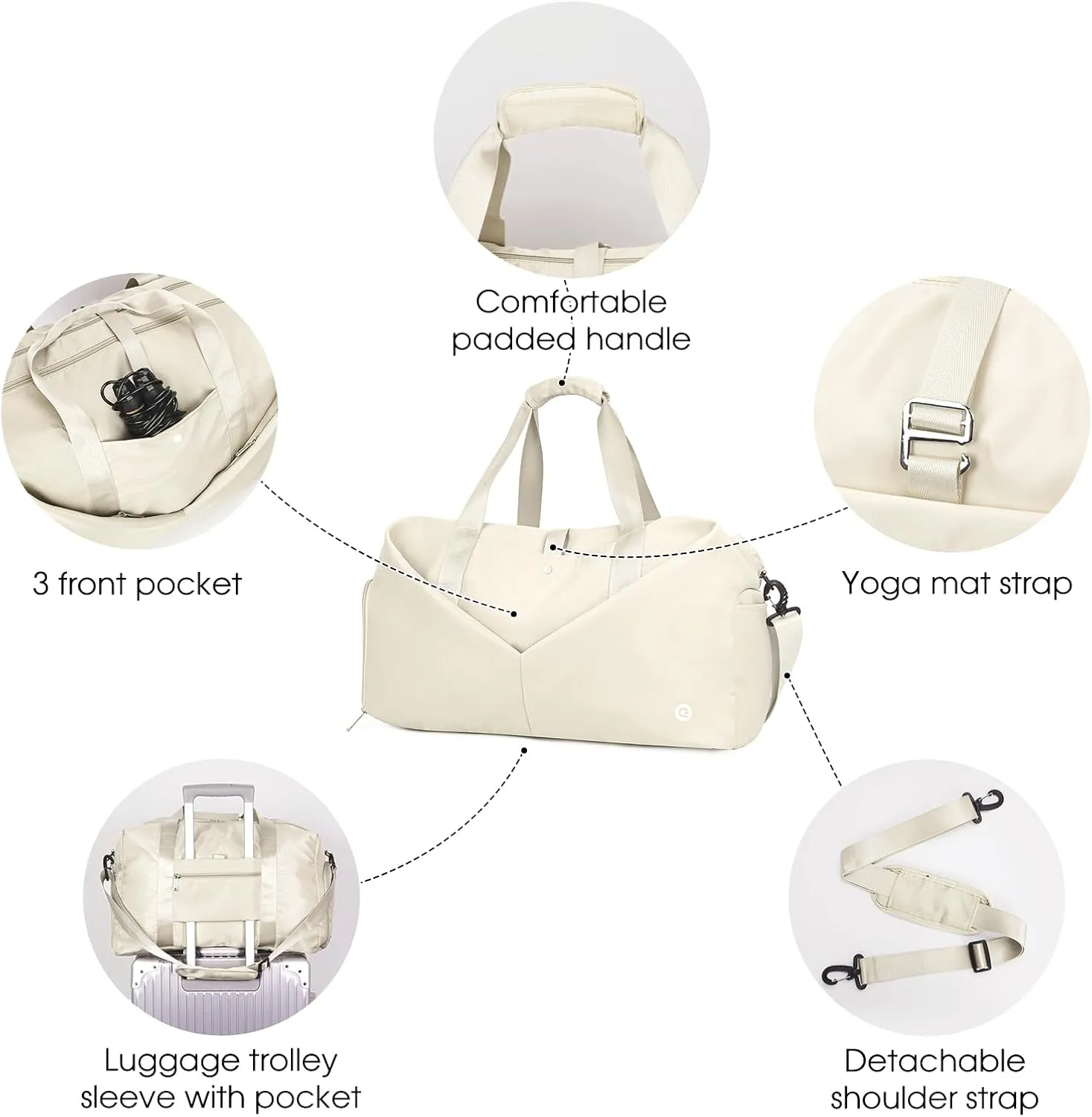 Ceneda 20" Gym Duffel with Wet Pocket & Shoes Compartment - Portable Overnight Weekender Travel & Yoga Bag for Women (Ivory)