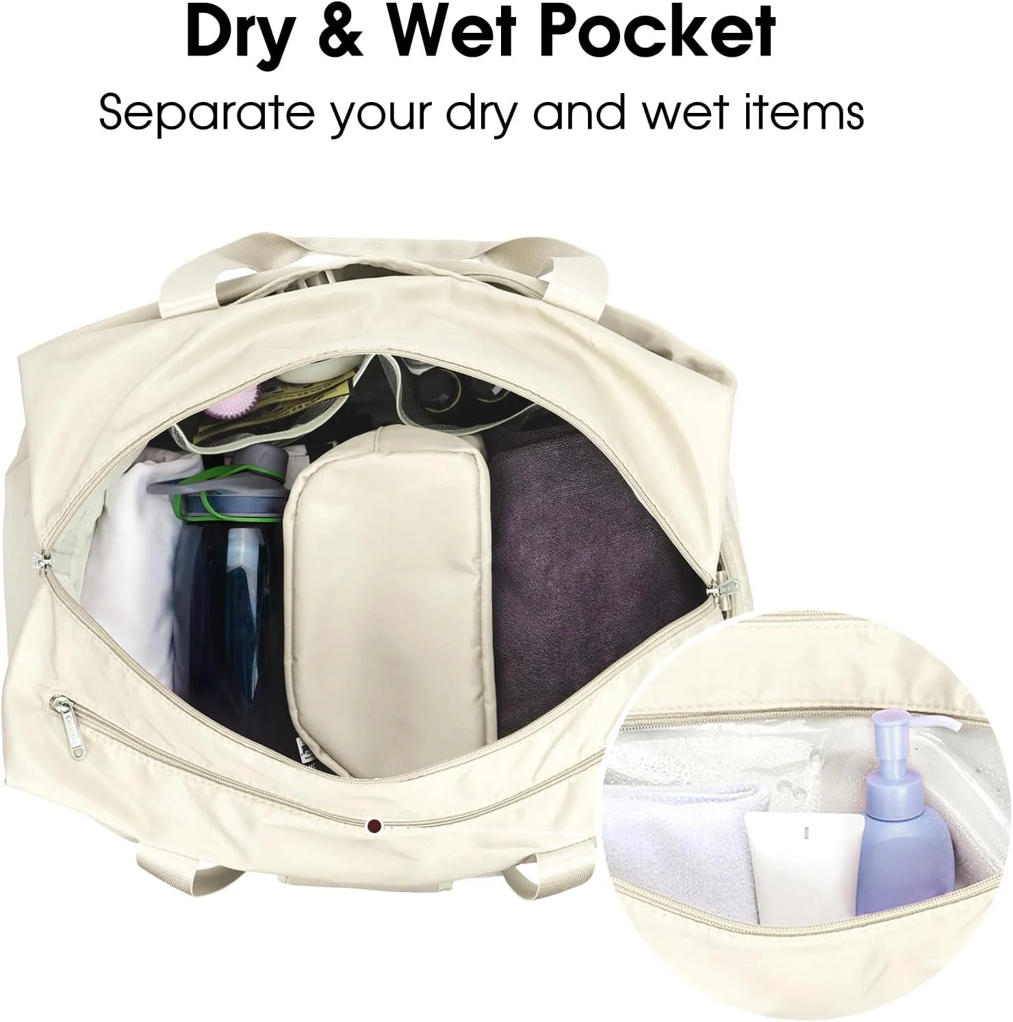 Ceneda 20" Gym Duffel with Wet Pocket & Shoes Compartment - Portable Overnight Weekender Travel & Yoga Bag for Women (Ivory)