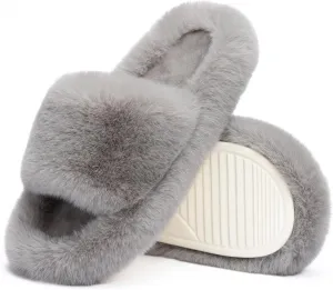 Chantomoo Women's Blue Memory Foam Faux Fur Lined Open Toe Slippers for Women - US 12
