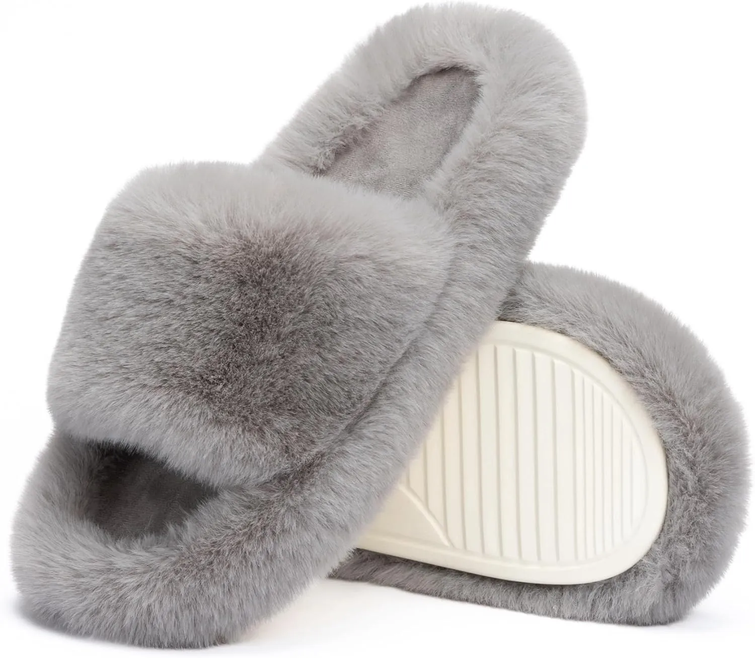 Chantomoo Women's Blue Memory Foam Faux Fur Lined Open Toe Slippers for Women - US 12