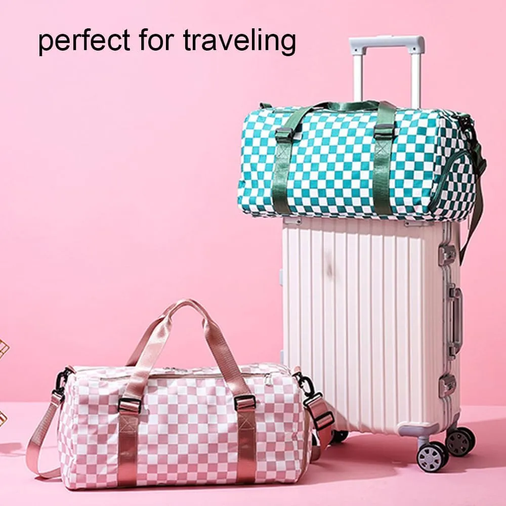 Checkered Gym Bag with Shoes Compartment & Wet Pocket, Sports Bags for Women/Men, Dance Bag for Girls, Travel Overnight Bag Weekender Bag (grey)