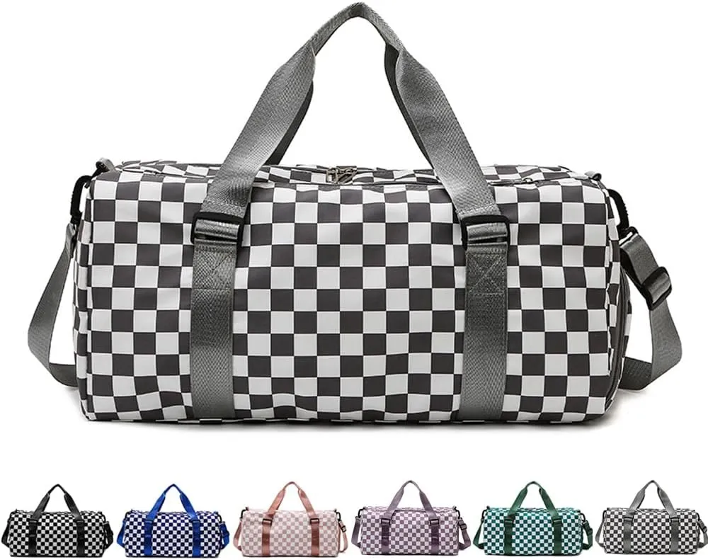 Checkered Gym Bag with Shoes Compartment & Wet Pocket, Sports Bags for Women/Men, Dance Bag for Girls, Travel Overnight Bag Weekender Bag (grey)
