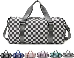 Checkered Gym Bag with Shoes Compartment & Wet Pocket, Sports Bags for Women/Men, Dance Bag for Girls, Travel Overnight Bag Weekender Bag (grey)