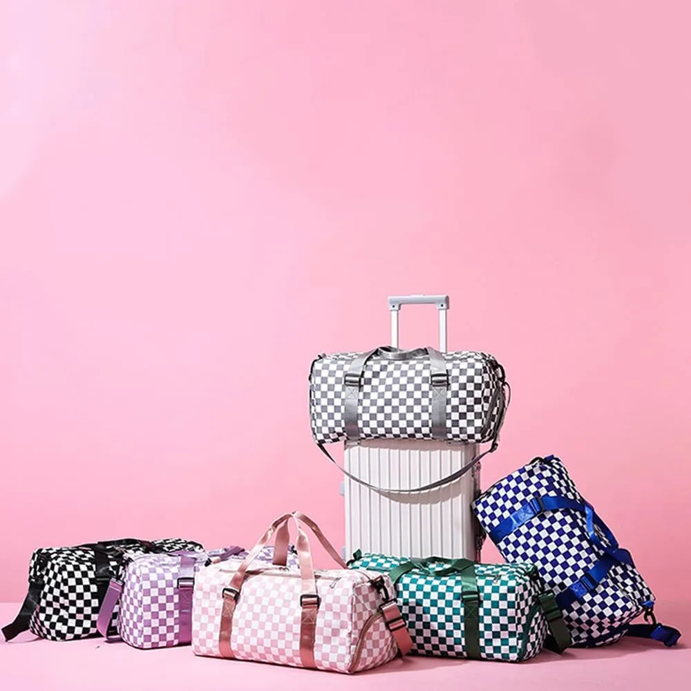 Checkered Gym Bag with Shoes Compartment & Wet Pocket, Sports Bags for Women/Men, Dance Bag for Girls, Travel Overnight Bag Weekender Bag (grey)