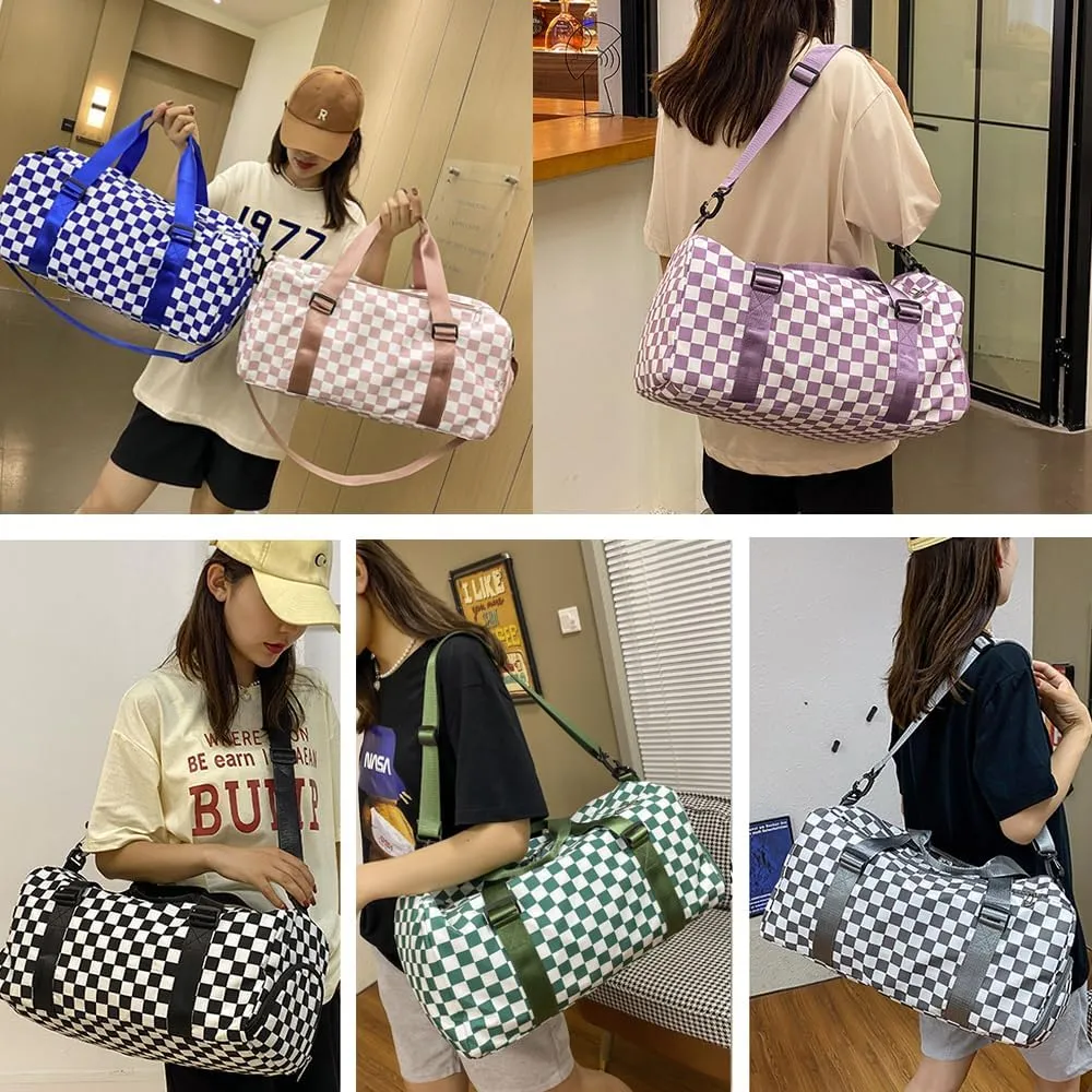 Checkered Gym Bag with Shoes Compartment & Wet Pocket, Sports Bags for Women/Men, Dance Bag for Girls, Travel Overnight Bag Weekender Bag (grey)