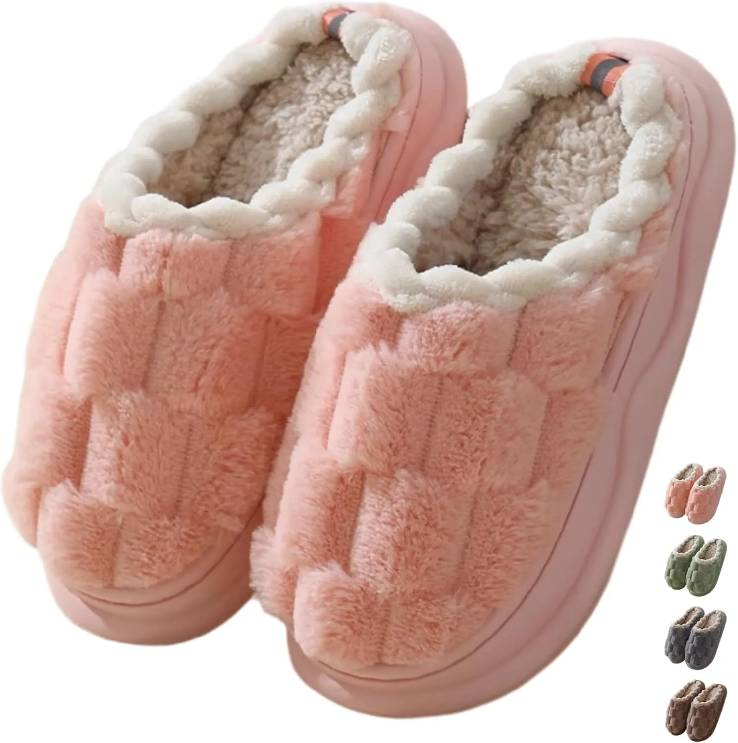 Checkered Slippers for Women Men Soft Fleece House Home Slipper Winter Warm Plush Bedroom Shoes Non-Slip Thickened Sole
