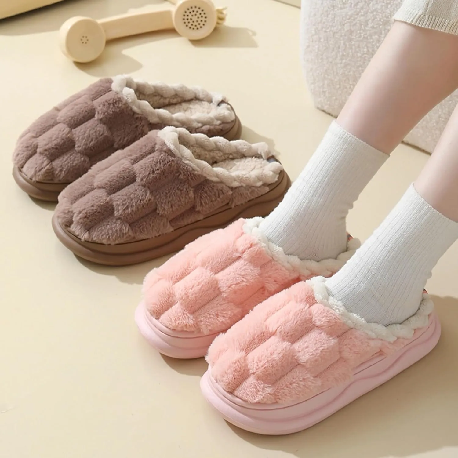 Checkered Slippers for Women Men Soft Fleece House Home Slipper Winter Warm Plush Bedroom Shoes Non-Slip Thickened Sole