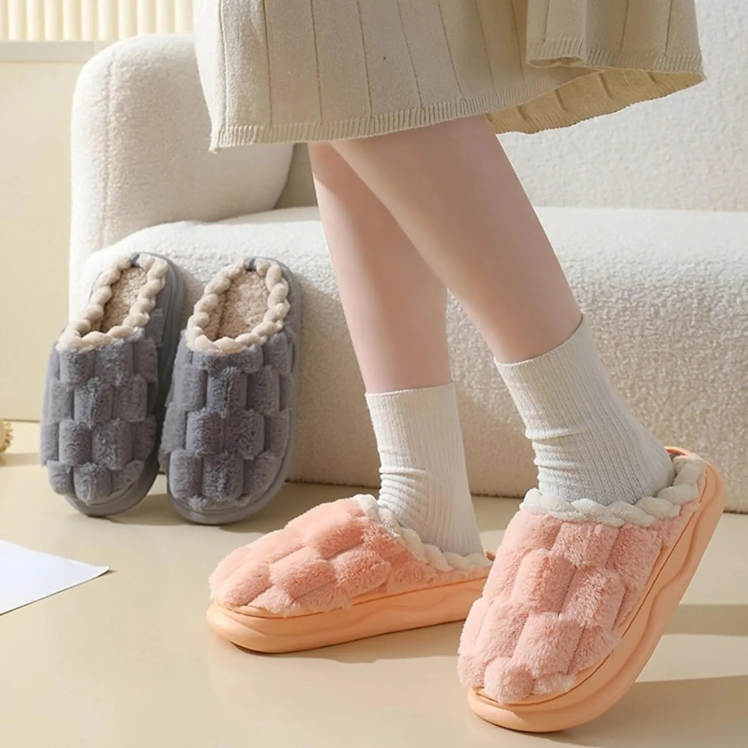 Checkered Slippers for Women Men Soft Fleece House Home Slipper Winter Warm Plush Bedroom Shoes Non-Slip Thickened Sole