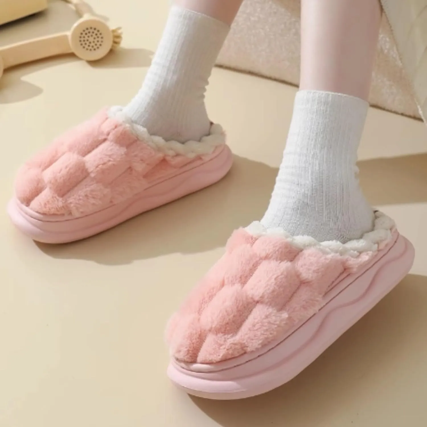 Checkered Slippers for Women Men Soft Fleece House Home Slipper Winter Warm Plush Bedroom Shoes Non-Slip Thickened Sole