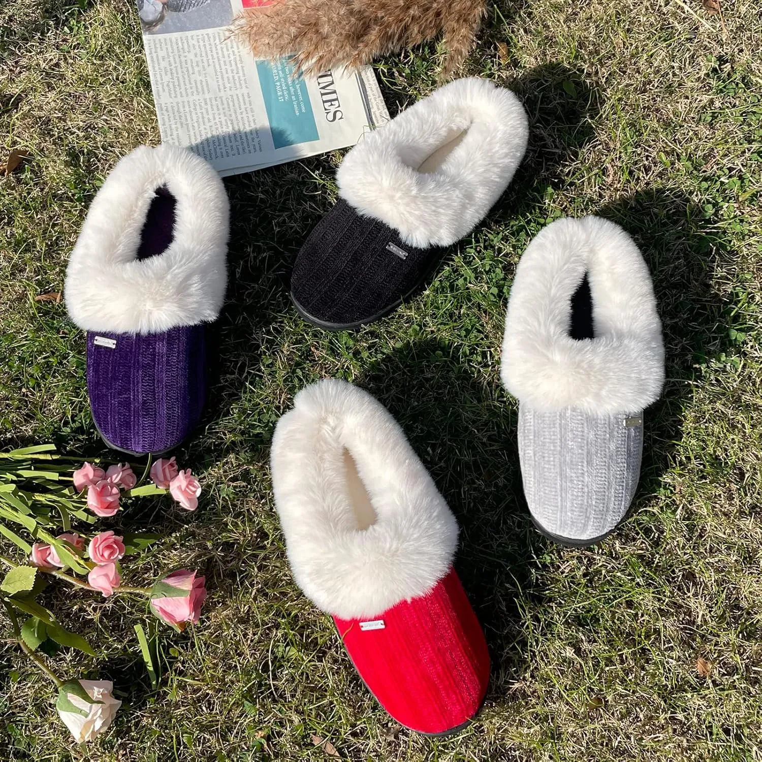 Chenille Fuzzy Fluffy House Slippers For Women,Memory Foam Slip-on Slipper Plush Fur Collar Comfy Warm Bedroom Slippers Indoor & Outdoor