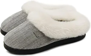 Chenille Fuzzy Fluffy House Slippers For Women,Memory Foam Slip-on Slipper Plush Fur Collar Comfy Warm Bedroom Slippers Indoor & Outdoor