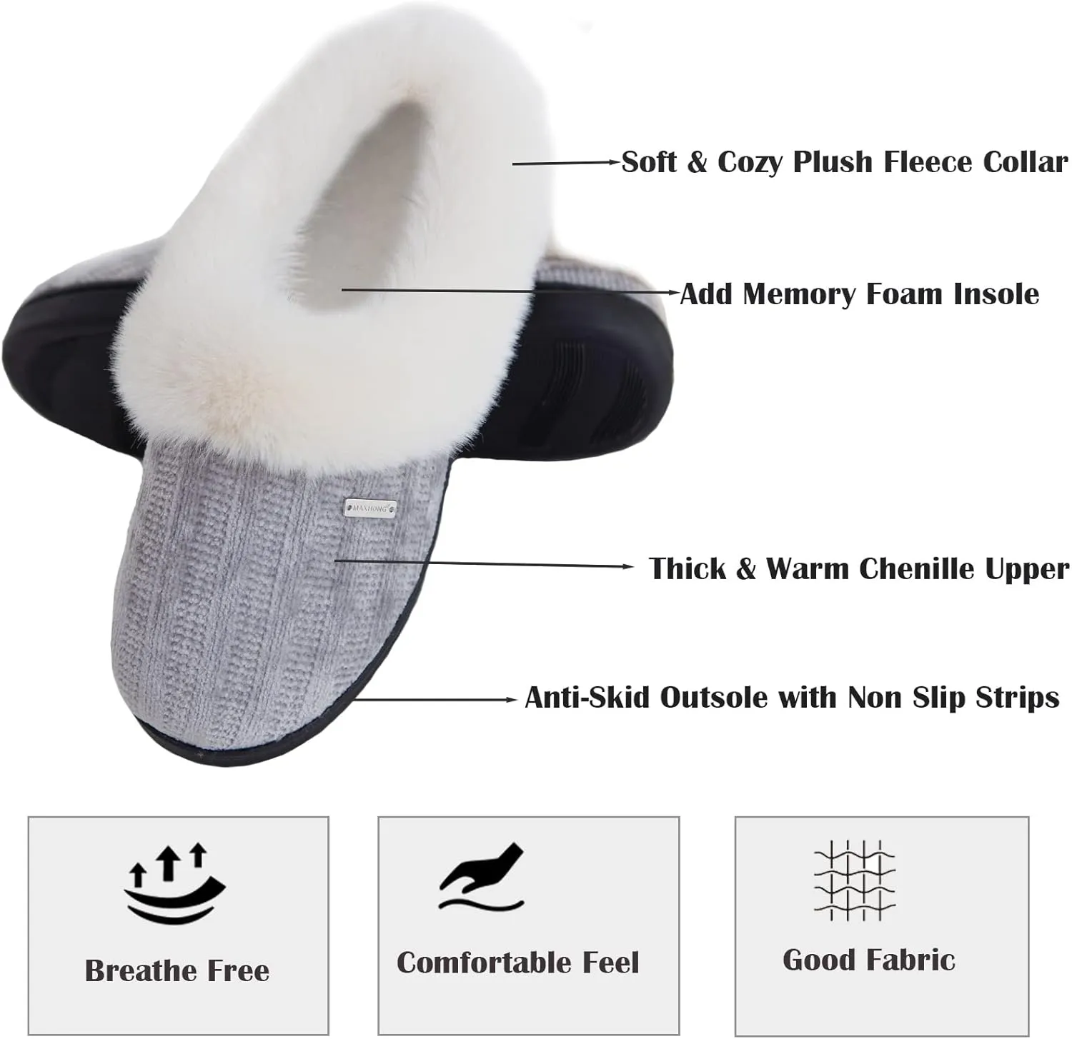 Chenille Fuzzy Fluffy House Slippers For Women,Memory Foam Slip-on Slipper Plush Fur Collar Comfy Warm Bedroom Slippers Indoor & Outdoor