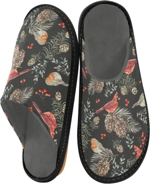 Christmas Leaf Birds House Slippers for Women Men Memory Foam Slipper Warm Fuzzy Slippers Soft Outdoor Home Indoor Slippers Bedroom Travel Winter Fall Slippers Size 4