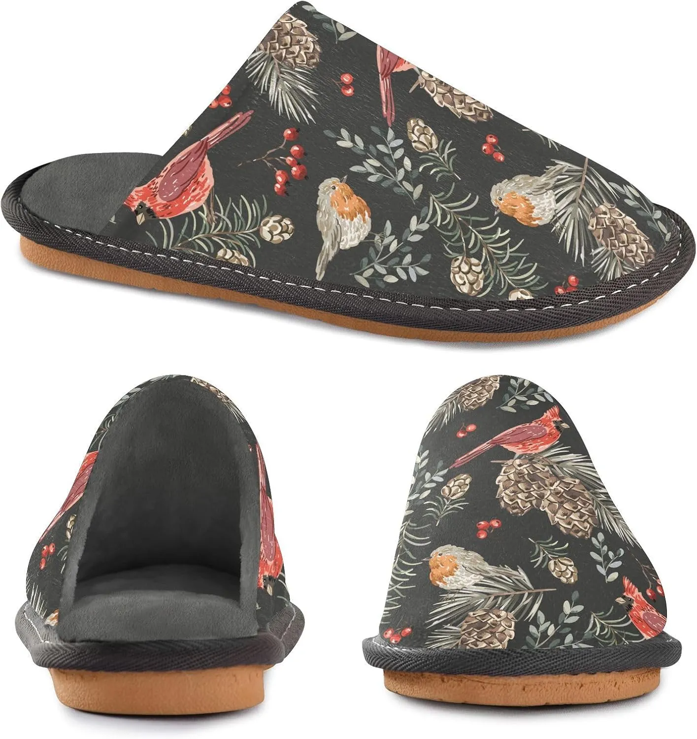 Christmas Leaf Birds House Slippers for Women Men Memory Foam Slipper Warm Fuzzy Slippers Soft Outdoor Home Indoor Slippers Bedroom Travel Winter Fall Slippers Size 4