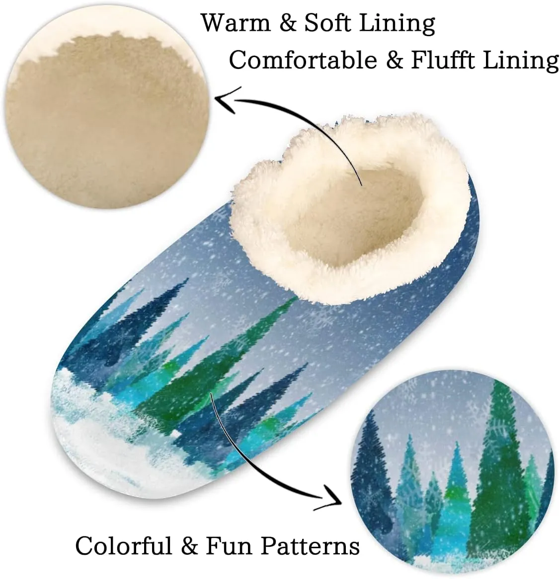 Christmas Tree Women's Slippers, Fuzzy Warm House Slipper Socks, Snowflake Forest Memory Foam Slippers Shoes for Girls Teens Indoor Bedroom