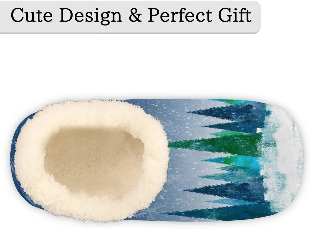 Christmas Tree Women's Slippers, Fuzzy Warm House Slipper Socks, Snowflake Forest Memory Foam Slippers Shoes for Girls Teens Indoor Bedroom