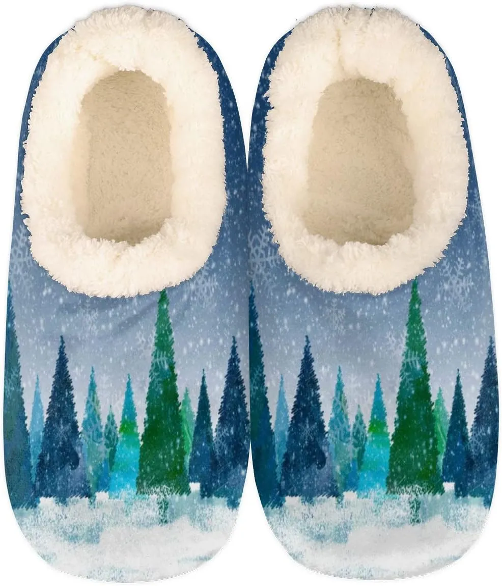 Christmas Tree Women's Slippers, Fuzzy Warm House Slipper Socks, Snowflake Forest Memory Foam Slippers Shoes for Girls Teens Indoor Bedroom