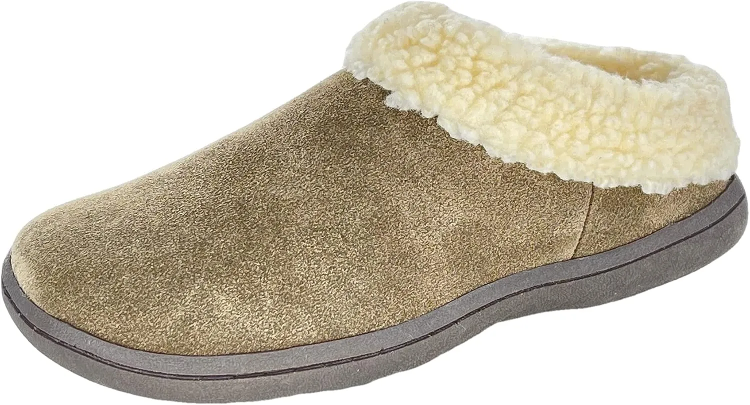 Clarks Womens Slipper Suede Leather With Faux Sherpa Collar JMH1894 - Plush Memory Foam Footbed - Indoor Outdoor House Slippers For Women (9 M US, Sage)