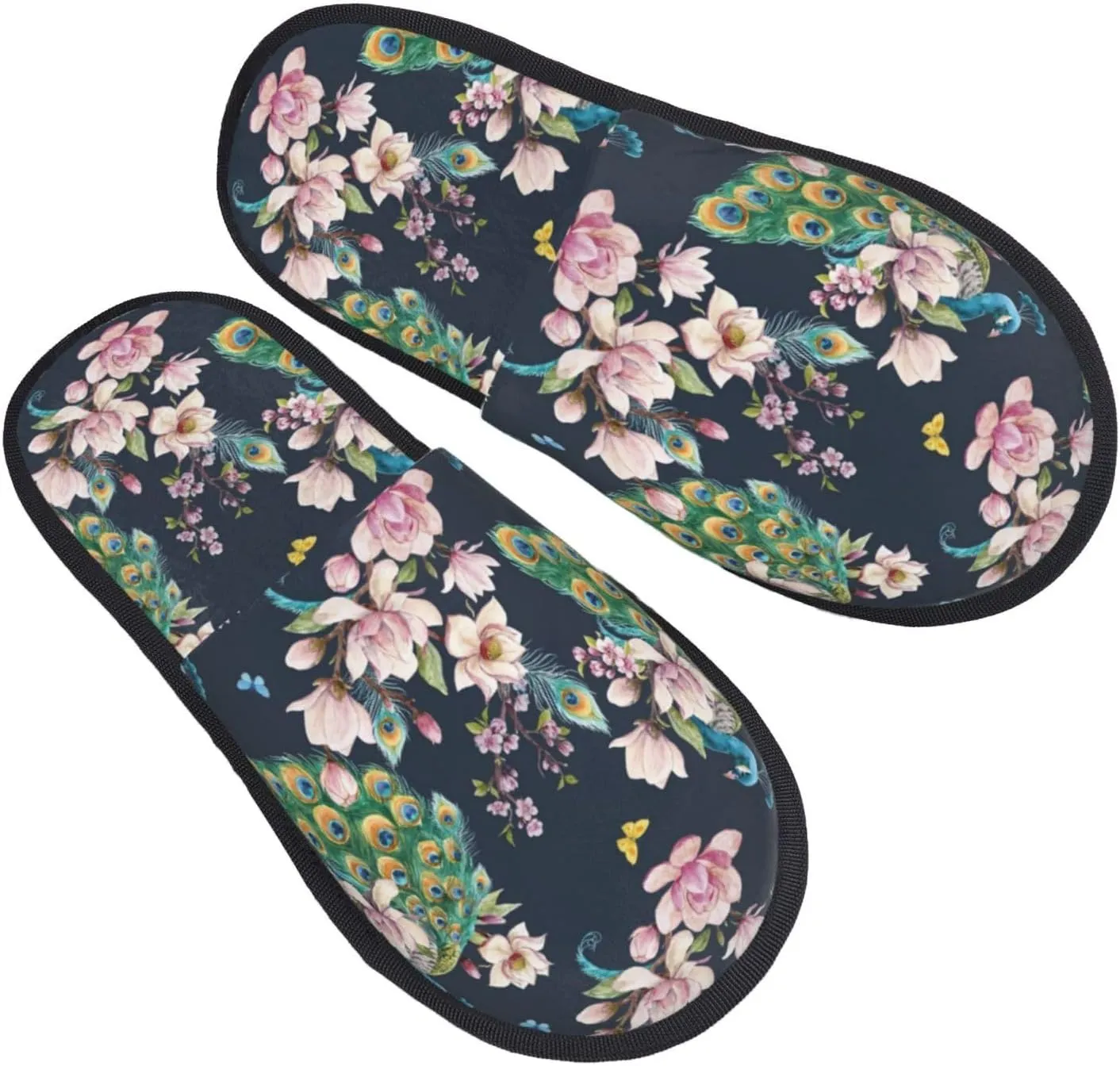 Classic Peacock Flower House Slippers for Women Men Winter Spa Slippers Indoor Soft Home Shoes Non Slip Memory Foam Slipper for Hotel Bedroom Travel