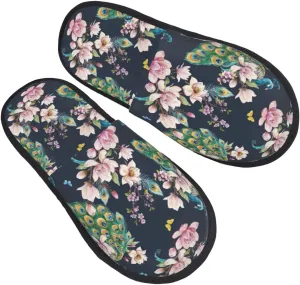 Classic Peacock Flower House Slippers for Women Men Winter Spa Slippers Indoor Soft Home Shoes Non Slip Memory Foam Slipper for Hotel Bedroom Travel