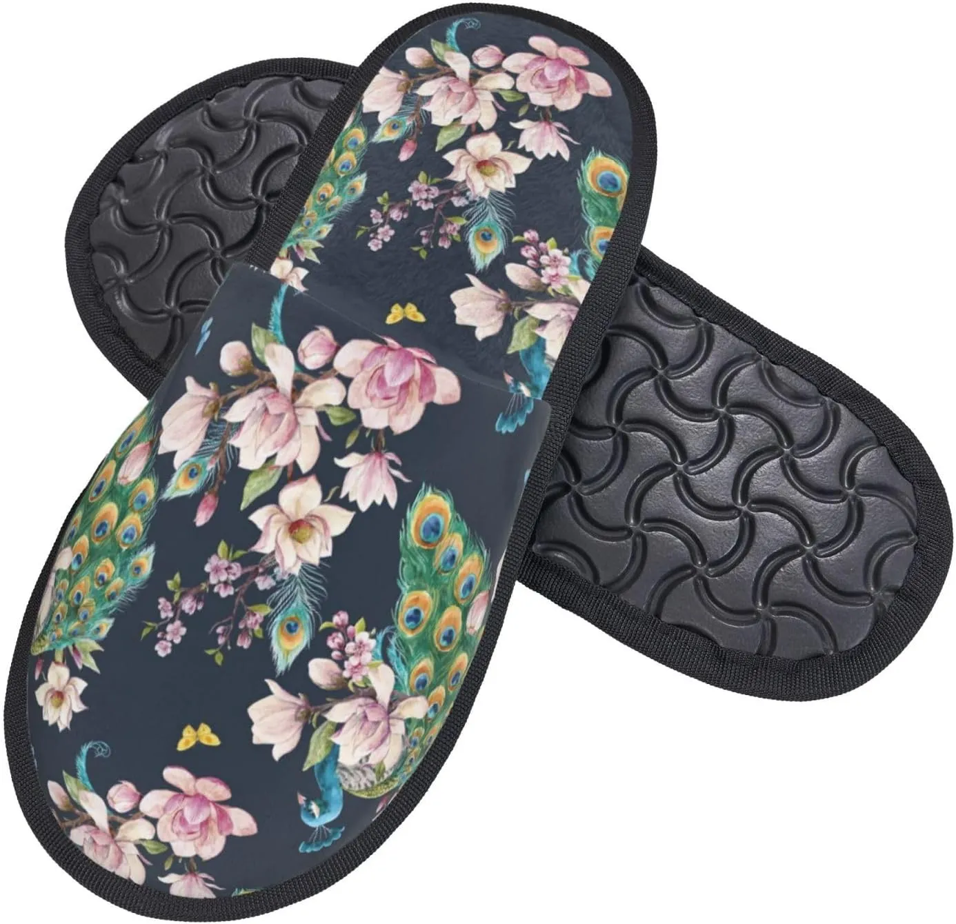 Classic Peacock Flower House Slippers for Women Men Winter Spa Slippers Indoor Soft Home Shoes Non Slip Memory Foam Slipper for Hotel Bedroom Travel