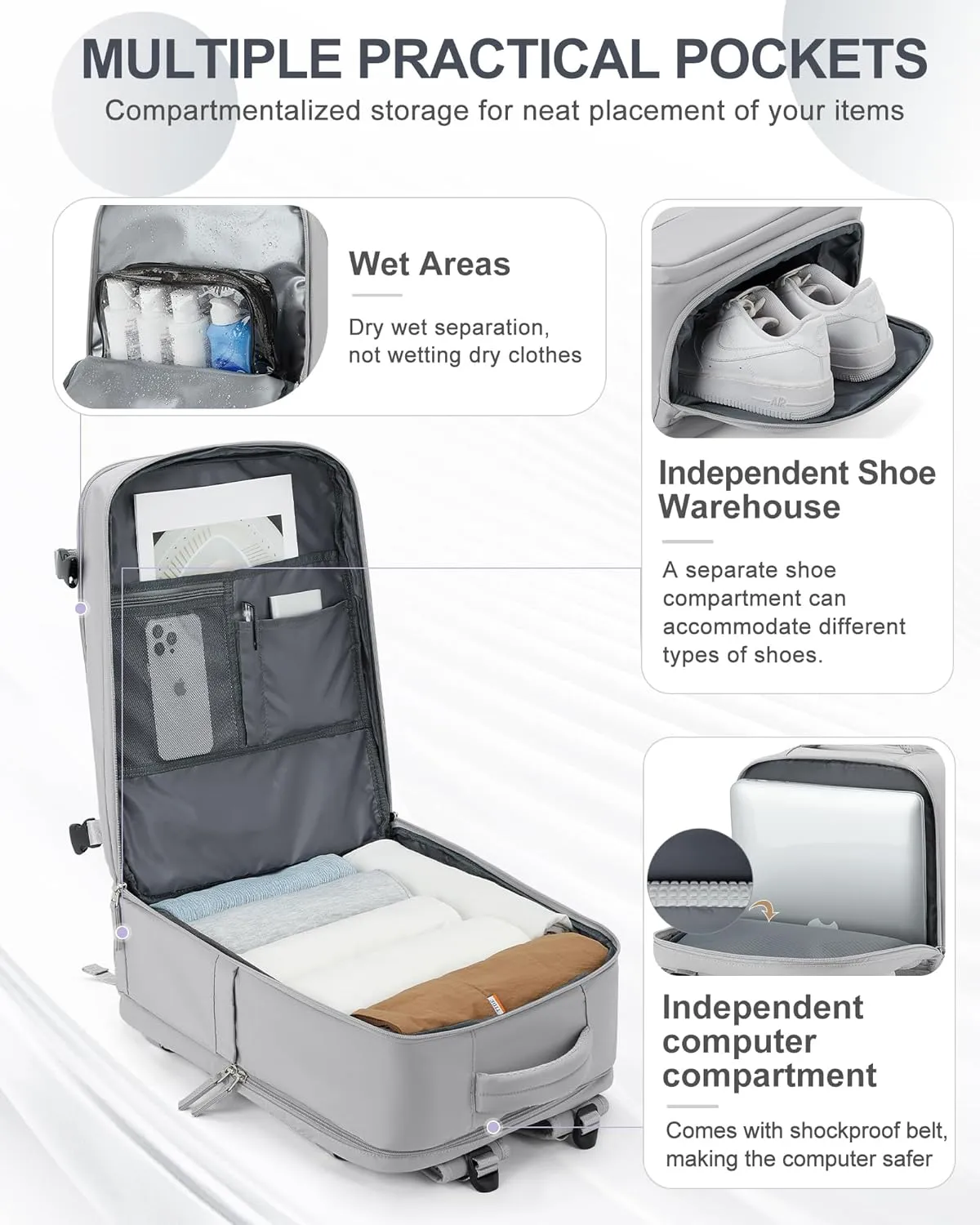 coowoz Large Travel Backpack Carry On for Women Man Gym Backpack with Laptop Compartment Mochila de Viaje Teacher Personal Item Backpack Rucksack Airplane Accessories Must Haves Grey