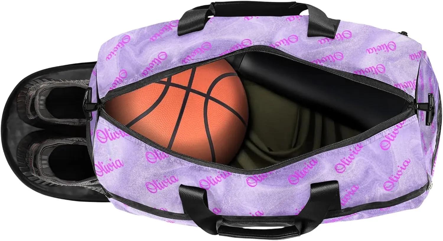Custom Sport Duffel Bags with Shoe Compartment Personalized Name Travel Overnight Bag Waterproof Dance Bag Lightweight Carry-On Tote for Women Men, Purple Fluid Glitter