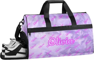 Custom Sport Duffel Bags with Shoe Compartment Personalized Name Travel Overnight Bag Waterproof Dance Bag Lightweight Carry-On Tote for Women Men, Purple Fluid Glitter