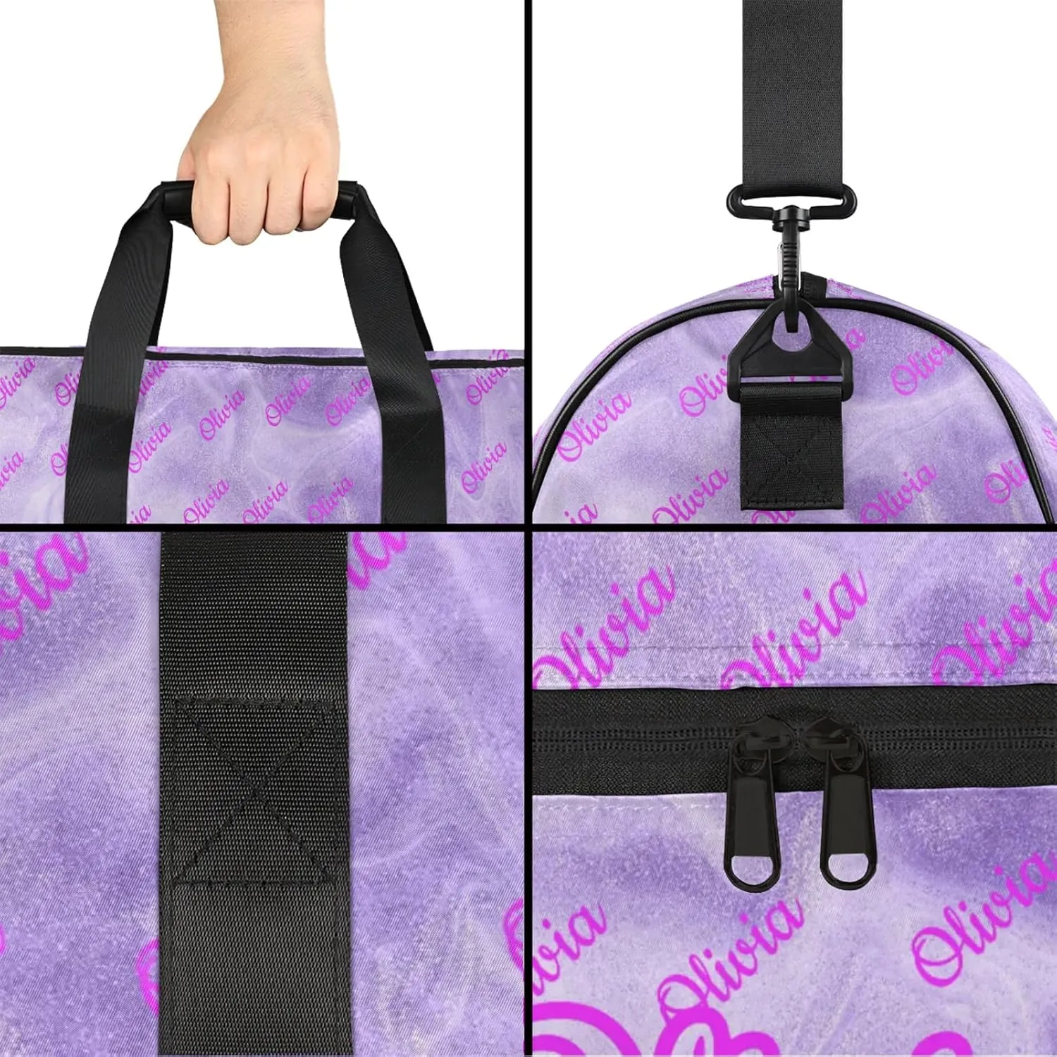 Custom Sport Duffel Bags with Shoe Compartment Personalized Name Travel Overnight Bag Waterproof Dance Bag Lightweight Carry-On Tote for Women Men, Purple Fluid Glitter