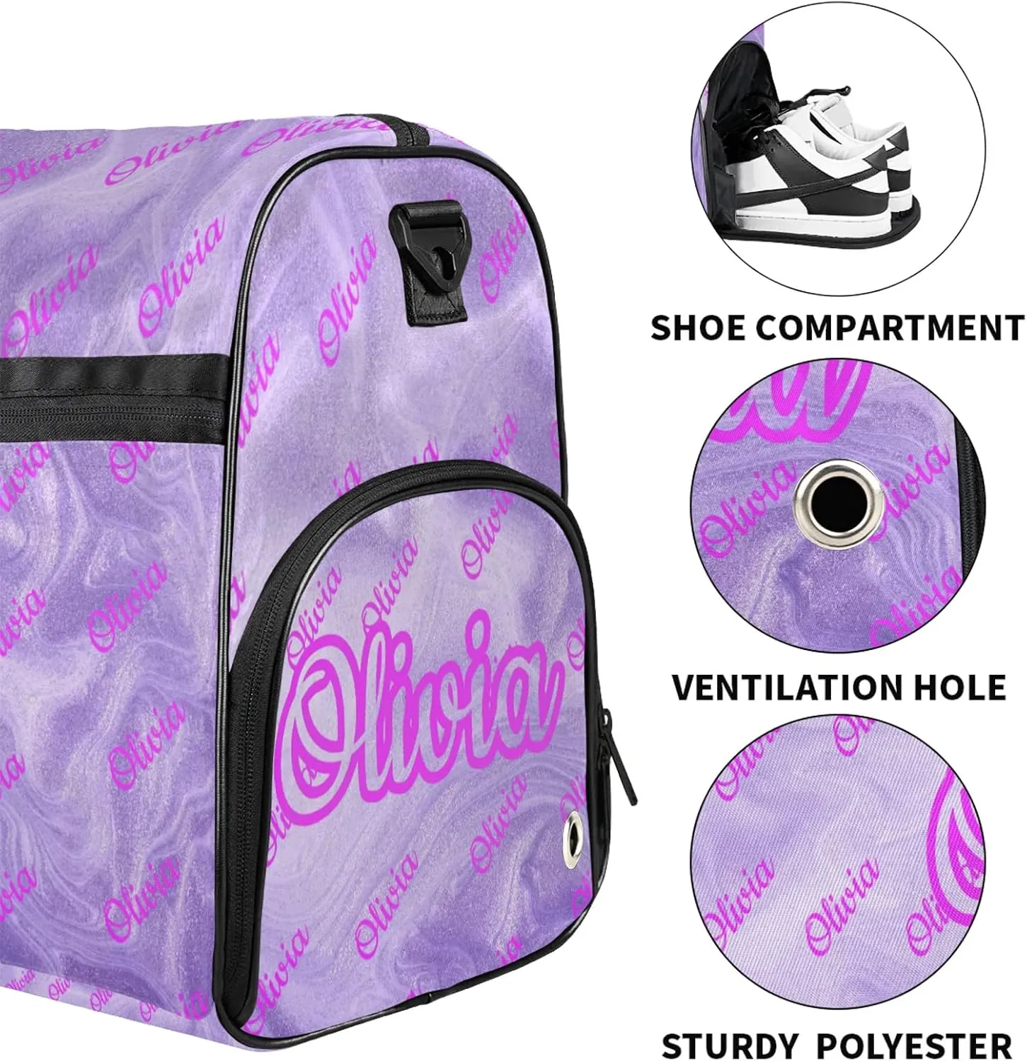 Custom Sport Duffel Bags with Shoe Compartment Personalized Name Travel Overnight Bag Waterproof Dance Bag Lightweight Carry-On Tote for Women Men, Purple Fluid Glitter